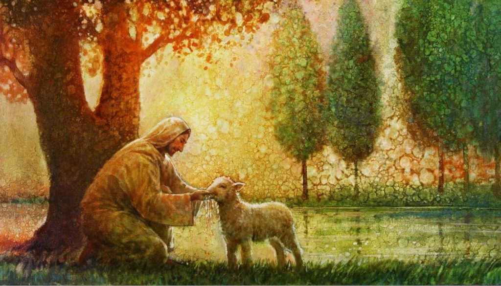 pintura de Jesucristo en un bosque con una oveja