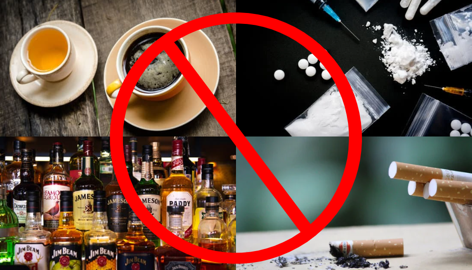 café, té, botellas de alcohol, cigarros, sustancias alucinógenas y una señal de prohibido en el medio de todos ellos