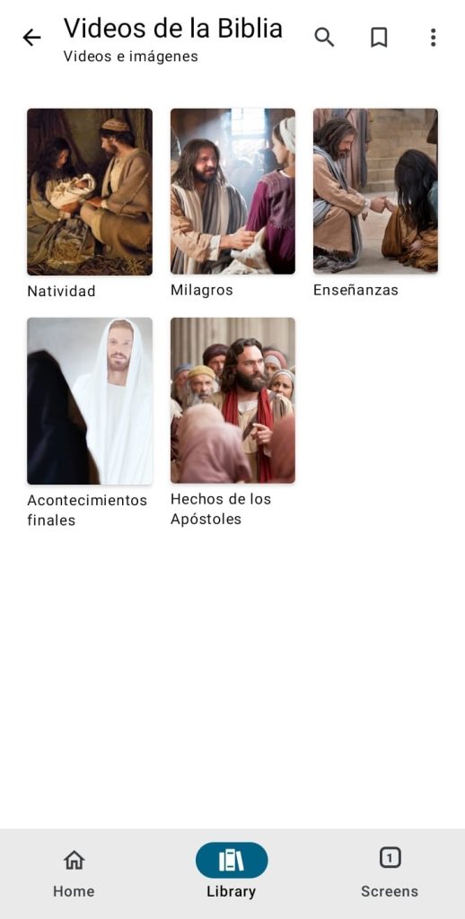 Sección "Video de la Biblia" en la aplicación Biblioteca del Evangelio